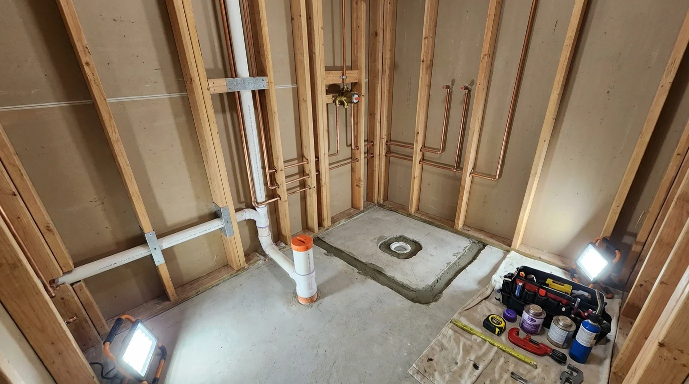 Bathroom rough-in plumbing during remodel by Johns Plumbing LLC in Denver City