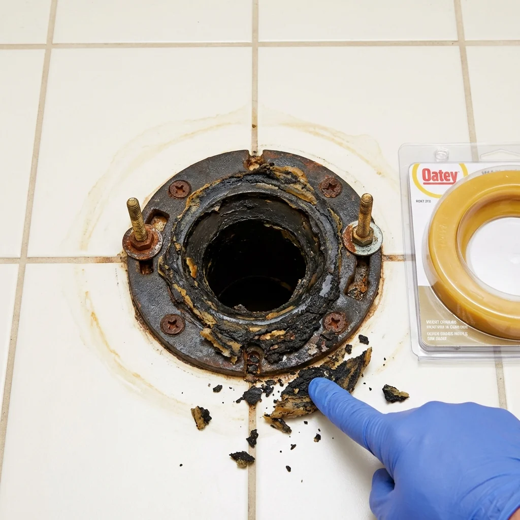Failed wax ring showing water seepage at the base of a toilet in a Denver City, TX home