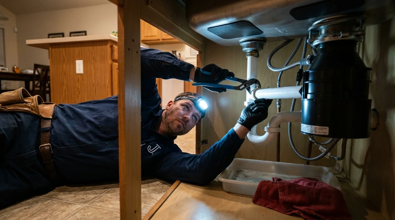 P-trap and supply line connections under a kitchen sink showing a common leak point in Denver City, TX